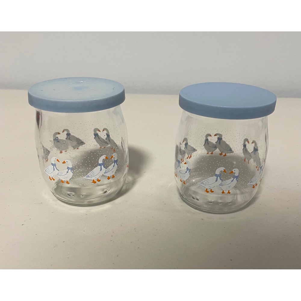 Vintage Style Goose Glass Yogurt Jars with Blue Lids Set of 2 Farmhouse Decor